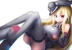 Rule 34 | 10s, 1girl, armband, bismarck (kancolle), bismarck kai (kancolle), blonde hair, blush, boots, breasts, brown gloves, chestnut mouth, detached sleeves, feet, gloves, grey footwear, grey thighhighs, hat, kantai collection, long hair, military, military hat, military uniform, open mouth, peaked cap, personification, red eyes, sexually suggestive, solo, thighhighs, tilt-shift (azalanz), torpedo, underwear, uniform