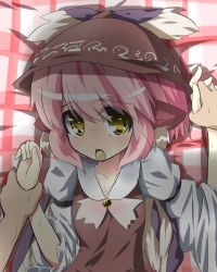 Rule 34 | 1girl, animal ears, arm grab, bad id, bad pixiv id, blush, ear blush, female focus, food, holding hands, hat, highres, lying, mouth hold, mystia lorelei, on back, perspective, pink hair, pocky, pov, short hair, solo focus, touhou, urimono, wings, yellow eyes