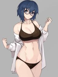 Rule 34 | 1girl, black-framed eyewear, black bra, black panties, blue eyes, blue hair, bra, breasts, ciel (tsukihime), cleavage, collarbone, commentary request, dress shirt, glasses, grey background, groin, hair between eyes, highres, jonyeld, large breasts, looking at viewer, medium hair, navel, off shoulder, open clothes, panties, partially undressed, shirt, short hair, simple background, solo, thighs, tsukihime, underwear, white shirt