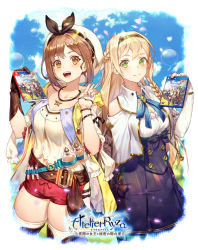 Rule 34 | 2girls, :d, atelier (series), atelier ryza, atelier ryza 1, belt, blonde hair, blue nails, blue ribbon, breasts, brown eyes, brown hair, cleavage, commentary request, copyright name, cover, green eyes, hair ornament, hair ribbon, hairband, hairclip, hat, highres, holding, jewelry, klaudia valentz, long hair, looking at viewer, medium breasts, multiple girls, nail polish, navel, necklace, open mouth, red nails, red shorts, reisalin stout, ribbon, short hair, short shorts, shorts, smile, star (symbol), star necklace, thighhighs, v, video game cover, video game cover (object), w2398510474, white headwear, white legwear, white ribbon