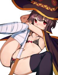 Rule 34 | 10s, 1girl, asymmetrical legwear, bad id, bad pixiv id, bandaged leg, bandages, bare shoulders, bikini, black thighhighs, blush, brown hair, button eyes, buttons, cameltoe, cape, cleft of venus, covered erect nipples, feet out of frame, flat chest, frilled bikini, frills, hat, highres, holding, holding staff, kono subarashii sekai ni shukufuku wo!, looking at viewer, megumin, micro bikini, mismatched legwear, navel, pussy, pussy peek, red eyes, roropull, short hair, simple background, single thighhigh, solo, staff, swimsuit, thighhighs, white background, witch hat