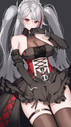 Rule 34 | 1girl, absurdres, azur lane, bare shoulders, black background, black gloves, blush, breasts, cleavage, elbow gloves, gloves, grey hair, highres, large breasts, long hair, looking at viewer, maid headdress, marumai, mole, mole on breast, multicolored hair, navel, prinz eugen (azur lane), prinz eugen (kindred evening spirits) (azur lane), red eyes, red hair, simple background, solo, streaked hair, thighhighs, thighs, white headwear