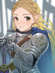 Rule 34 | 1girl, armor, blonde hair, blue cape, braid, breastplate, cape, crown braid, gauntlets, hirofujie, long hair, looking at viewer, nintendo, planted, planted sword, planted weapon, pointy ears, princess zelda, shoulder armor, signature, solo, sword, the legend of zelda, the legend of zelda: breath of the wild, triforce, weapon