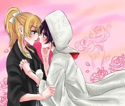Rule 34 | 10s, 2girls, ayase eli, blonde hair, blue eyes, bride, e len, eye contact, green eyes, hood, japanese clothes, kimono, long hair, looking at another, love live!, love live! school idol festival, love live! school idol project, multiple girls, ponytail, purple hair, tojo nozomi, twintails, uchikake, wedding, wife and wife, yuri