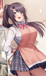 Rule 34 | 1girl, :d, absurdres, apron, arms behind back, black hair, black skirt, blurry, blurry background, blush, breasts, collared shirt, commentary request, diletta, highres, indoors, large breasts, long hair, long sleeves, mirror, open mouth, original, plaid, plaid skirt, ponytail, purple eyes, school uniform, shirt, sidelocks, skirt, smile, solo, standing, tying apron, white shirt