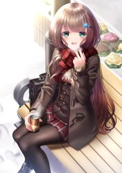 Rule 34 | 1girl, :d, aqua eyes, bench, black footwear, black pantyhose, blazer, breath, briefcase, brown coat, brown hair, can, canned coffee, coat, day, drink can, enpera, footprints, hair ornament, hairclip, highres, holding, holding can, jacket, long hair, looking at viewer, open mouth, original, outdoors, pantyhose, plaid, plaid scarf, plaid skirt, red scarf, red skirt, scarf, scarf pull, shouu, sitting, skirt, smile, very long hair