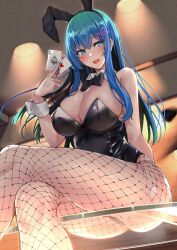Rule 34 | 1girl, animal ears, ass, bare arms, bare shoulders, black hairband, black leotard, blue eyes, blue hair, blush, breasts, card, crossed bangs, crossed legs, fake animal ears, fishnet pantyhose, fishnets, from below, hair ornament, hairband, highres, holding, holding card, kaerunoashi, large breasts, leotard, long hair, looking at viewer, looking down, open mouth, original, pantyhose, playboy bunny, playing card, rabbit ears, sitting, smile, thighs, wrist cuffs