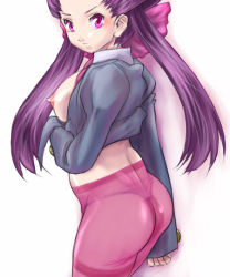 Rule 34 | 00s, 1girl, ass, breasts, creatures (company), game freak, gym leader, long hair, nintendo, nipples, otsukare, panties, panties under pantyhose, pantyhose, pink eyes, pink pantyhose, pokemon, pokemon rse, purple hair, roxanne (pokemon), simple background, solo, thighband pantyhose, thong, twintails, underwear, white background