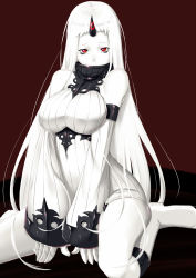 Rule 34 | 10s, 1girl, abyssal ship, between legs, black background, boots, breasts, collar, covered mouth, detached sleeves, dress, hand between legs, highres, horns, kantai collection, knee boots, large breasts, long hair, looking at viewer, niwatazumi, red eyes, ribbed sweater, seaport princess, single horn, sitting, solo, sweater, sweater dress, white footwear, white hair, wide sleeves, yokozuwari