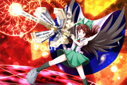 Rule 34 | 1girl, alternate weapon, arm cannon, bow, brown hair, cape, female focus, fire, hair bow, long hair, pleated skirt, radiation symbol, red eyes, reiuji utsuho, skirt, solo, touhou, tri, weapon, wings