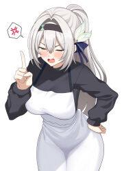 Rule 34 | 1girl, absurdres, anger vein, apron, black hairband, black shirt, breasts, closed eyes, commentary, cowboy shot, firefly (honkai: star rail), freerun79, grey hair, hair intakes, hairband, hand up, highres, honkai: star rail, honkai (series), index finger raised, large breasts, leaning forward, long sleeves, ponytail, shirt, solo, spoken anger vein, standing, v-shaped eyebrows, white apron