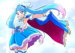 Rule 34 | 1girl, ahoge, blue dress, blue eyes, blue hair, blue sky, boh stick, bow, brooch, cape, cape hold, closed mouth, cloud, cloudy sky, commentary, cure sky, cut bangs, day, detached sleeves, dress, earrings, fingerless gloves, frilled dress, frills, fringe trim, gloves, gradient hair, hirogaru sky! precure, jewelry, long hair, looking at viewer, magical girl, multicolored hair, outdoors, pink bow, pink hair, precure, puffy detached sleeves, puffy sleeves, short dress, single earring, single sidelock, skirt, sky, sleeveless, sleeveless dress, smile, solo, sora harewataru, standing, streaked hair, thighhighs, twintails, two-sided cape, two-sided fabric, two-tone hair, very long hair, white gloves, white thighhighs, wind, wing brooch, wing hair ornament, zettai ryouiki