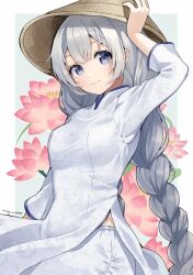 Rule 34 | 1girl, :3, alternate costume, binchou maguro, blue eyes, border, braid, breasts, chinese clothes, closed mouth, clothing request, commentary, cowboy shot, floral background, flower, grey background, grey hair, hand on headwear, hat, highres, kizuna akari, light smile, long hair, long sleeves, looking at viewer, lotus, mandarin collar, medium breasts, outside border, pants, rice hat, shirt, side slit, sleeves past elbows, solo, twin braids, twitter username, very long hair, vietnamese dress, vocaloid, voiceroid, white border, white pants, white shirt