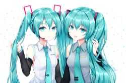 Rule 34 | 2girls, aqua eyes, aqua hair, aqua nails, aqua necktie, bare shoulders, black sleeves, chiutake mina, detached sleeves, dual persona, grey shirt, hair ornament, hands up, hatsune miku, hatsune miku (vocaloid4), headphones, headset, highres, holding, holding own hair, long hair, looking at viewer, multiple girls, nail polish, necktie, open mouth, parted lips, shirt, shoulder tattoo, side-by-side, signature, sleeveless, sleeveless shirt, smile, tattoo, tie clip, twintails, upper body, v4x, very long hair, vocaloid, white background, white shirt