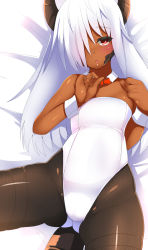 Rule 34 | 1girl, bare arms, bare shoulders, black pantyhose, blush, dark-skinned female, dark skin, dragon girl, dragon horns, dragon tail, hair over one eye, highres, horns, leotard, long hair, looking at viewer, lying, nontraditional playboy bunny, on back, original, pantyhose, playboy bunny, red eyes, scales, silver hair, solo, souma (ordures), tail, tan, very long hair, wrist cuffs