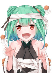 Rule 34 | 1girl, absurdres, alternate costume, bandages, collarbone, detached collar, double bun, fang, ghost hair ornament, ghost pose, green hair, hair between eyes, hair bun, hair ornament, hairclip, highres, hololive, jack-o&#039;-lantern, looking at viewer, medium hair, portrait, pumpkin, red eyes, simple background, solo, to naive, uruha rushia, virtual youtuber, white background