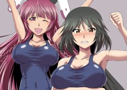 Rule 34 | 2girls, :d, animal ears, armpits, black hair, blue one-piece swimsuit, blush, braid, breast hold, breasts, brown eyes, cleavage, clenched hand, clenched teeth, embarrassed, grey background, hair between eyes, infinite stratos, kuroda ariake, large breasts, long hair, multiple girls, old school swimsuit, one-piece swimsuit, one eye closed, open mouth, orimura chifuyu, purple background, purple eyes, purple hair, rabbit ears, school swimsuit, shinonono tabane, simple background, smile, sweatdrop, swimsuit, teeth, twin braids, very long hair