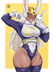 Rule 34 | !, 1girl, absurdres, almualim, alternate costume, animal ears, arm up, blush, boku no hero academia, border, breasts, camera flash, cellphone, clenched hand, commentary, covered abs, covered navel, crescent print, curvy, dark-skinned female, dark skin, english commentary, flexing, fur collar, gloves, grin, highleg, highleg leotard, highres, holding, holding phone, large breasts, leotard, long eyelashes, long hair, looking at viewer, mirko, muscular, muscular female, phone, purple thighhighs, rabbit ears, rabbit girl, rabbit tail, red eyes, selfie, signature, smartphone, smile, solo, tail, taut leotard, thick thighs, thighhighs, thighs, two-tone leotard, very long hair, white border, white gloves, white hair, wide hips, yellow background, yellow mask