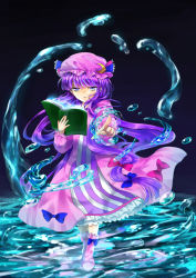 Rule 34 | 1girl, blue eyes, book, crescent, dark background, dress, female focus, frown, hair ribbon, hat, long hair, patchouli knowledge, pointing, purple hair, ribbon, solo, touhou, tsukikusa, water