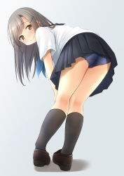 Rule 34 | 1girl, ass, bent over, black sailor collar, black skirt, black socks, blue one-piece swimsuit, blush, brown eyes, brown footwear, brown hair, closed mouth, commentary request, from behind, full body, grey background, hair ornament, hairclip, highres, kneehighs, loafers, long hair, looking at viewer, looking back, one-piece swimsuit, original, pleated skirt, sailor collar, school swimsuit, school uniform, serafuku, shadow, shibacha, shirt, shoes, short sleeves, skirt, smile, socks, solo, standing, swimsuit, swimsuit under clothes, white shirt
