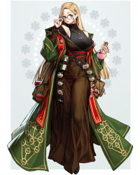 Rule 34 | 1girl, blonde hair, book, brown skirt, coat, earrings, flask, full body, glasses, glint, green coat, green eyes, hair ornament, hand up, highres, jewelry, long hair, long skirt, long sleeves, looking at viewer, necklace, off shoulder, original, parted lips, print coat, rinotuna, skirt, smile, solo, standing, star (symbol), star earrings, star hair ornament, sefirot