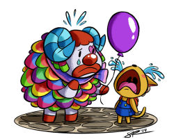 Rule 34 | 1boy, 1girl, animal crossing, balloon, blue shirt, cat, clown, crying, jackster3000, katie (animal crossing), looking at another, nintendo, pavement, pietro (animal crossing), purple scarf, scarf, sheep, shirt, simple background, tears, white background