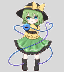 Rule 34 | 1girl, :3, absurdres, black footwear, black hat, blouse, blue eyes, blush, boots, bow, buttons, chibi, closed mouth, diamond button, eyeball, frilled shirt collar, frilled skirt, frilled sleeves, frills, full body, green hair, green skirt, grey background, hat, hat bow, hat ribbon, heart, heart of string, highres, komeiji koishi, long sleeves, looking at viewer, medium hair, outline, piyoru nico, ribbon, shirt, simple background, skirt, solo, standing, third eye, touhou, wavy hair, white outline, wide sleeves, yellow bow, yellow ribbon, yellow shirt