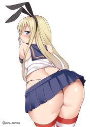 Rule 34 | 10s, 1girl, ass, black panties, blonde hair, blue eyes, blush, elbow gloves, gloves, kantai collection, long hair, looking at viewer, panties, pantyshot, personification, sama samasa, shimakaze (kancolle), skirt, solo, striped clothes, striped thighhighs, thighhighs, thong, underwear, upskirt, white gloves