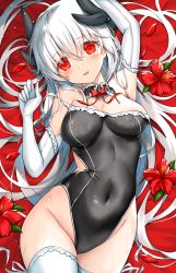 Rule 34 | areola slip, arm up, armpits, bare shoulders, black one-piece swimsuit, blush, breasts, cleavage, covered navel, dragon girl, dragon horns, elbow gloves, fate/grand order, fate (series), flower, gloves, highres, horns, kiyohime (fate), kiyohime (fate/grand order), kiyohime (swimsuit lancer) (fate), kiyohime (swimsuit lancer) (second ascension) (fate), kiyohime (third ascension) (fate), large breasts, long hair, looking at viewer, lying, morizono shiki, on back, one-piece swimsuit, parted lips, petals, red eyes, smile, solo, swimsuit, thighhighs, thighs, white gloves, white hair, white thighhighs
