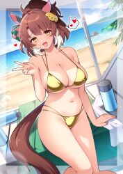 1girl absurdres animal_ears beach bikini blue_sky bow breasts brown_hair cloud dantsu_flame_(umamusume) day ear_covers ear_ribbon gold_bikini heart highres horse_ears horse_girl large_breasts looking_at_viewer multicolored_hair naughty_face open_mouth outdoors parasol ponytail rumo short_hair sitting sky solo spoken_heart swimsuit tongue tongue_out two-tone_hair umamusume umbrella white_hair yellow_eyes