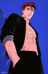 Rule 34 | abs, bekhoemi, black eyes, black jacket, black pants, blue background, commentary request, cowboy shot, gakuran, hands in pockets, highres, jacket, korean commentary, looking at viewer, male focus, open clothes, open jacket, pants, pompadour, red hair, sakuragi hanamichi, school uniform, short hair, slam dunk (series), sleeves rolled up, twitter username, wire fence