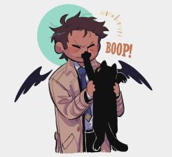 Rule 34 | 1boy, angel, animal, april fools, beard stubble, black cat, black hair, black wings, blue eyes, castiel, cat, chxrrylungs, closed eyes, coat, cropped legs, facial hair, grey background, halo, holding, holding animal, male focus, mature male, short hair, simple background, solo, stubble, supernatural (tv series), trench coat, wings