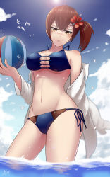 Rule 34 | 10s, 1girl, ball, beachball, bikini, breasts, brown eyes, brown hair, bu li, chestnut mouth, cloud, day, flower, hair flower, hair ornament, hibiscus, highres, kaga (kancolle), kantai collection, large breasts, lens flare, navel, open mouth, short hair, side-tie bikini bottom, side ponytail, signature, sky, solo, standing, swimsuit, underboob, wading, water