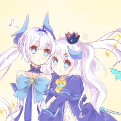 Rule 34 | 2girls, :t, bow, chiliarch (elsword), crown, dual persona, elsword, imminent hug, long hair, luciela r. sourcream, multiple girls, musical note, noblesse (elsword), oversized clothes, ponytail, quaver, simple background, sleeves past wrists, twintails, white background, white hair, yuri, yuuka (roomi1485)