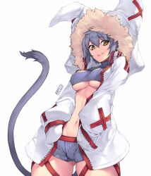 Rule 34 | 1girl, animal hood, artist name, bad id, bad twitter id, blue shirt, blue shorts, breasts, buttons, cat girl, cat hood, cat tail, closed mouth, cowboy shot, crop top, fur-trimmed jacket, fur trim, gluteal fold, grey hair, groin, hair between eyes, hands in pockets, hood, hooded jacket, jacket, jjune, legs apart, long sleeves, medium breasts, midriff, navel, open clothes, open jacket, original, ribbed shirt, shirt, short shorts, shorts, simple background, sleeves past wrists, slit pupils, smile, solo, standing, stomach, tail, thigh strap, underboob, white background, white jacket, yellow eyes, zipper