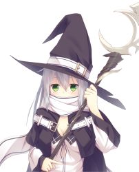 Rule 34 | 1girl, blush, breasts, cleavage, green eyes, hat, jacket, long hair, looking at viewer, nagishiro mito, original, scarf, scarf over mouth, silver hair, solo, staff, upper body, white background, witch, witch hat