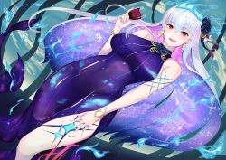 Rule 34 | 1girl, alcohol, bare shoulders, blue dress, blue fire, blue hair, blue sky, blush, body markings, bracelet, breasts, cup, detached sleeves, dress, drinking glass, earrings, faraway0128zz, fate/grand order, fate (series), fire, flower, hair flower, hair ornament, hair ribbon, highres, jewelry, kama (fate), kama (swimsuit avenger) (fate), kama (swimsuit avenger) (third ascension) (fate), large breasts, long hair, looking at viewer, lotus, multicolored hair, open mouth, red eyes, ribbon, side slit, sky, smile, solo, star (symbol), star earrings, thighs, two-tone hair, white hair, wine, wine glass