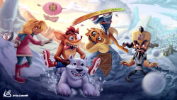 Rule 34 | 2girls, 2others, 3boys, aircraft, airship, artist logo, artist name, bear, beard, bird, black gloves, black hair, blonde hair, blue overalls, blue scarf, coco bandicoot, crash bandicoot, crash bandicoot (series), crate, dingodile, facial hair, gloves, goggles, goggles on head, highres, jacket, long hair, lukart96, multiple boys, multiple girls, multiple others, neo cortex, open mouth, outdoors, overalls, penguin, pink jacket, polar bear, red footwear, scarf, shoes, short hair, shorts, snow, snowball, snowboarding, tawna bandicoot, tongue, tongue out, watermark, yellow gloves