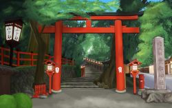 Rule 34 | absurdres, bad id, bad pixiv id, biako, blue sky, building, commentary request, day, highres, huge filesize, lantern, no humans, original, outdoors, real world location, revision, road, scenery, sky, stairs, stone stairs, torii, translation request, tree