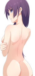 Rule 34 | 1girl, absurdres, arms under breasts, ass, back, blue eyes, breasts, camui1104, commentary request, completely nude, from behind, hair over shoulder, highres, long hair, looking at viewer, looking back, median furrow, medium breasts, monogatari (series), nude, parted lips, profile, senjougahara hitagi, shoulder blades, sideways mouth, simple background, solo, very long hair, white background