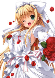 Rule 34 | 1girl, :o, ;d, absurdres, blonde hair, bouquet, bride, charlotte tiger, crown, dress, fang, flower, gloves, green eyes, hair ribbon, happy, highres, itoshii kanojo no mamorikata, leaf, long hair, one eye closed, open mouth, petals, red rose, ribbon, rose, rose petals, senomoto hisashi, smile, solo, source request, wedding, wedding dress, white gloves, wink