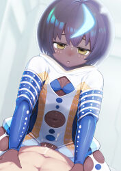 Rule 34 | 1boy, 1girl, black hair, blue hair, bodysuit, breasts, cleavage cutout, clothing cutout, commentary request, cowgirl position, cum, cum in pussy, dark-skinned female, dark skin, facial mark, fate/grand order, fate (series), fishbowl helmet, girl on top, glowing, glowing hair, hetero, highres, lolicom, looking at viewer, multicolored hair, navel cutout, open mouth, pov, sex, short hair, small breasts, straddling, two-tone hair, wandjina (fate), yellow eyes