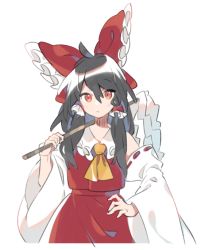 Rule 34 | 1girl, ahoge, akagashi hagane, black hair, bow, commentary, cowboy shot, detached sleeves, frilled bow, frills, gohei, hair bow, hair tubes, hakurei reimu, hand on own hip, holding, long hair, long sleeves, looking at viewer, over shoulder, red bow, red eyes, red shirt, red skirt, shirt, simple background, skirt, solo, touhou, white background, wide sleeves, yellow neckwear