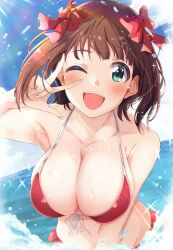 Rule 34 | 1girl, ;d, amami haruka, armpits, bikini, black bikini, blush, breasts, brown hair, cleavage, collarbone, commission, front-tie bikini top, front-tie top, hair ribbon, highres, hitotsuki nanoka, idolmaster, idolmaster (classic), idolmaster million live!, large breasts, looking at viewer, one eye closed, open mouth, outdoors, pixiv commission, ribbon, smile, solo, splashing, swimsuit, teeth, upper body, upper teeth only, w