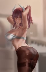Rule 34 | 1girl, armpits, arms up, artist name, blurry, blurry background, blush, bra, breasts, cowboy shot, horns, hunyan, original, pantyhose, parted lips, profile, red hair, shadow, sideboob, solo, underwear, white bra, white horns