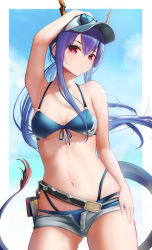 Rule 34 | 1girl, absurdres, arknights, arm up, armpits, bare arms, bare shoulders, baseball cap, bikini, blue bikini, blue hair, blue sky, breasts, ch&#039;en (arknights), ch&#039;en the holungday (arknights), ch&#039;en the holungday (elite ii) (arknights), cleavage, cloud, commentary request, cowboy shot, day, dragon horns, dragon tail, eyewear on headwear, front-tie bikini top, front-tie top, grey shorts, hat, head tilt, highres, horns, horns through headwear, long hair, looking at viewer, masai no senshi, micro shorts, navel, official alternate costume, official alternate hairstyle, partial commentary, pink eyes, shorts, sky, small breasts, solo, standing, stomach, sunglasses, swimsuit, tail