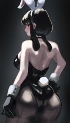 Rule 34 | 1girl, absurdres, ago (owenanaken), animal ears, ass, bare arms, bare back, bare shoulders, black choker, black gloves, black hair, black leotard, black pantyhose, blush, breasts, choker, closed mouth, cowboy shot, embarrassed, fake animal ears, fake tail, from behind, gloves, gradient background, hand on own hip, highleg, highleg leotard, highres, large breasts, legs apart, leotard, long bangs, long hair, looking at viewer, looking back, pantyhose, playboy bunny, rabbit tail, red eyes, shiny clothes, sideboob, simple background, solo, spy x family, strapless, strapless leotard, tail, thighs, wrist cuffs, yor briar