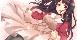 Rule 34 | 1girl, black hair, black pantyhose, bracelet, breasts, cherry blossoms, clothes lift, courreges ace, dress, dutch angle, flower, hairband, jewelry, long hair, looking at viewer, open mouth, original, pantyhose, patterned, petals, pink background, purple eyes, ribbon, simple background, skirt, skirt hold, skirt lift, smile, solo