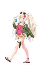 Rule 34 | 1girl, ahoge, alternate costume, alternate hairstyle, blonde hair, blue eyes, cup, drinking glass, eyewear on head, feet, flower, formation girls, frilled skirt, frills, full body, green jacket, hair flower, hair ornament, highres, holding, holding cup, holding drinking glass, jacket, juice, long hair, looking at viewer, official art, olga hodrewa, one-piece swimsuit, ponytail, red one-piece swimsuit, sandals, skirt, solo, sunglasses, swimsuit, tenkuu nozora, toes, transparent background, very long hair, walking