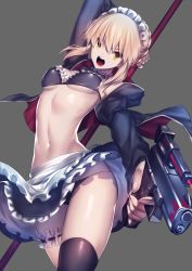 Rule 34 | 1girl, apron, arm up, artoria pendragon (alter swimsuit rider) (fate), artoria pendragon (alter swimsuit rider) (second ascension) (fate), artoria pendragon (fate), bikini, bikini top only, black bikini, black jacket, black thighhighs, braid, breasts, bridal garter, commentary request, fate/grand order, fate (series), french braid, frilled apron, frilled bikini, frilled bikini top, frills, grey background, gun, highres, holding, holding gun, holding weapon, hood, hoodie, jacket, laser, laser pointer projection, long sleeves, looking at viewer, maid, maid bikini, maid headdress, open clothes, open hoodie, open jacket, open mouth, rahato, simple background, small breasts, solo, swimsuit, thighhighs, unconventional maid, waist apron, weapon, yellow eyes